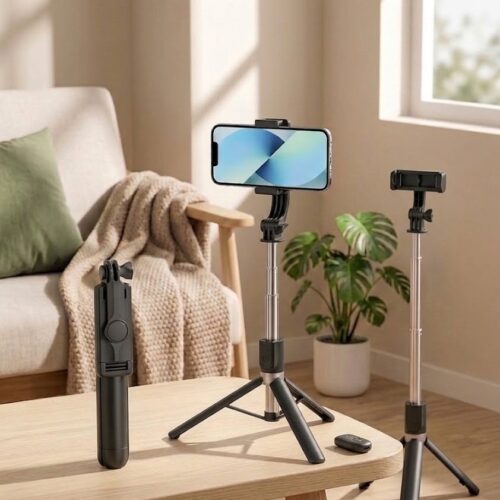 Un Trípode y Palo Selfie Extensible 70cm con Control Bluetooth