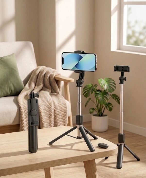 Un Trípode y Palo Selfie Extensible 70cm con Control Bluetooth