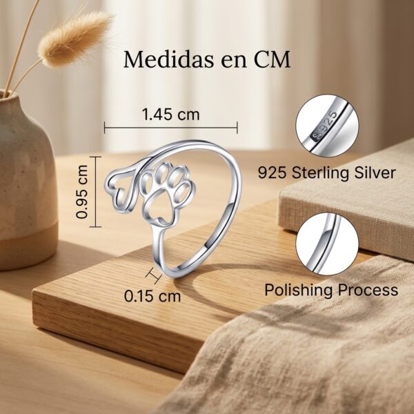 Anillo Ajustable Huellita de Mascota y Corazón en Acero Inoxidable