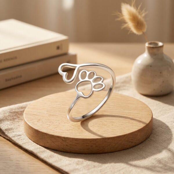 Anillo Ajustable Huellita de Mascota y Corazón en Acero Inoxidable
